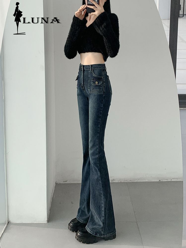 LUNAáo girl phố nữ 2024 Mùa xuân và mùa thu mới thiết kế cảm giác đàn hồi cao eo hơi nước quần jean nữ mỏng còi quần quần bò ống rộng cho nữ rẻ vô đố
