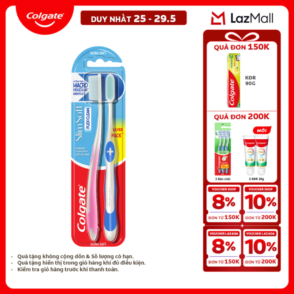 [Chỉ 25-29.5_X2 Voucher giảm 20%] Bàn chải Colgate Slimsoft Flex Clean nguyên khối siêu mềm mảnh, sạch sáng bóng