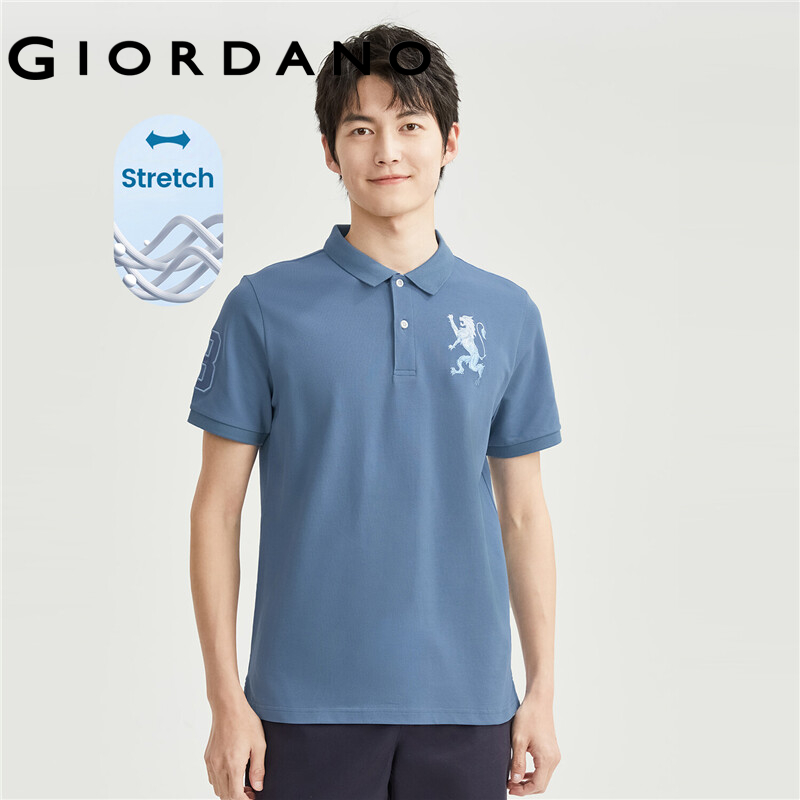 GIORDANO Áo polo nam vải pique cotton co giãn tốt tay ngắn thêu hình sư tử 3D thời trang 01011422