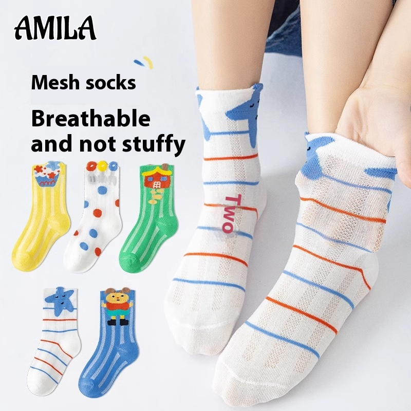Vớ họa tiết hoạt hình trẻ em amila, vớ ống thiết kế lưới thoáng khí bé trai và bé gái