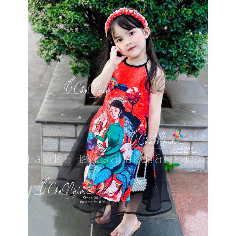 Áo dài bé gái , sét áo dài cách tân yếm cô gái kèm bờm dáng yêu cho bé gái 10-30kg