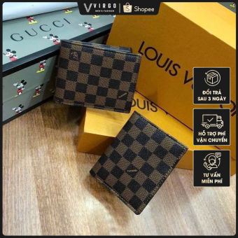 Ví Da Nam giá rẻ nhiều ngăn GC,LV kẻ caro, Hoa nâu trẻ trung thời trang fullbox