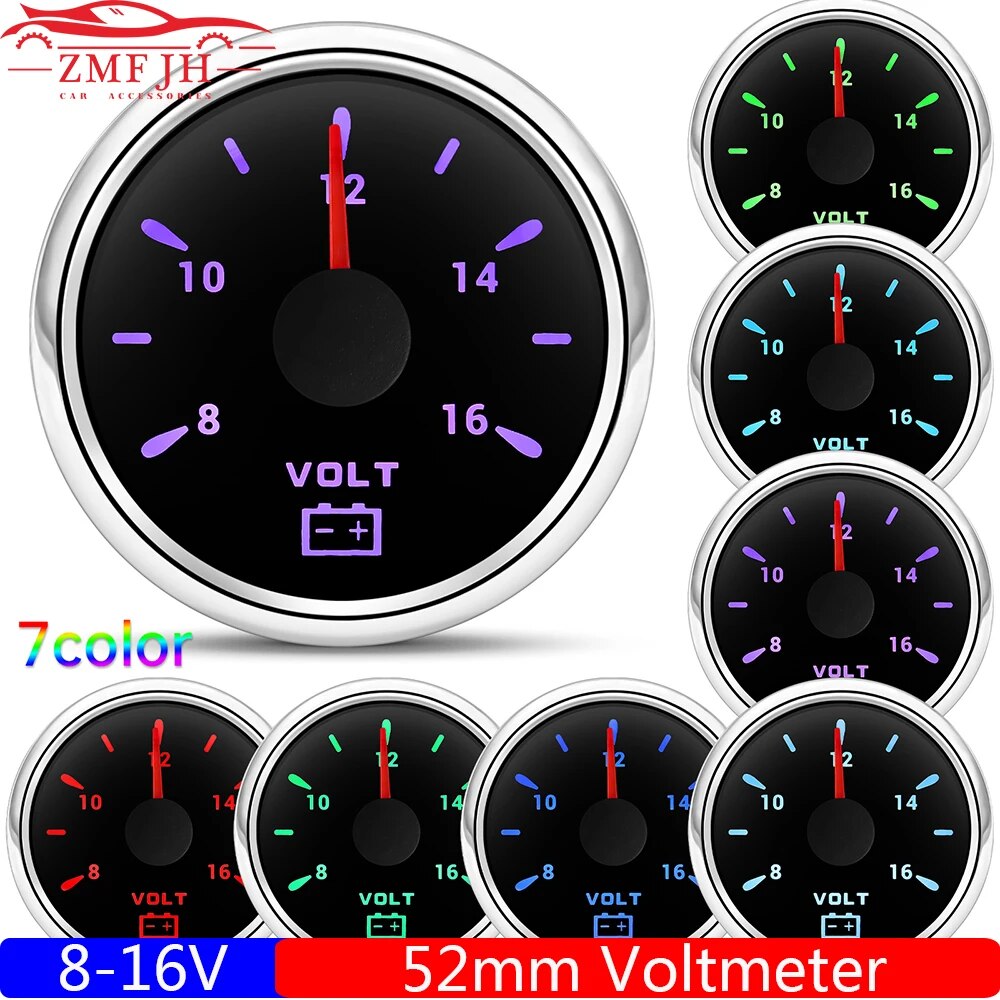 【Must-Have Accessories】 Auto Car Gauge 2 52mm Voltmeter For Marine Boat Car 8-16v Volts With 7 Color Backlight Ip67 Waterproof Volt Meter Indicator