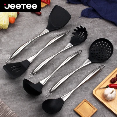 JEETEE Stainless Steel Kitchen Utensils Silicone Ladle/ Skimmer /Turner /Spaghetti Spoon /Tongs [1 piece]