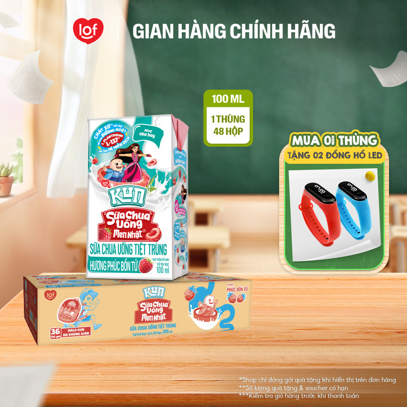 Sữa chua uống tiệt trùng KUN hương phúc bồn tử thùng 48 hộp x 100ml