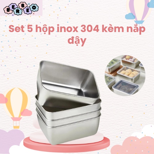 Set 5 hộp inox kèm nắp đậy - sét khay inox 304