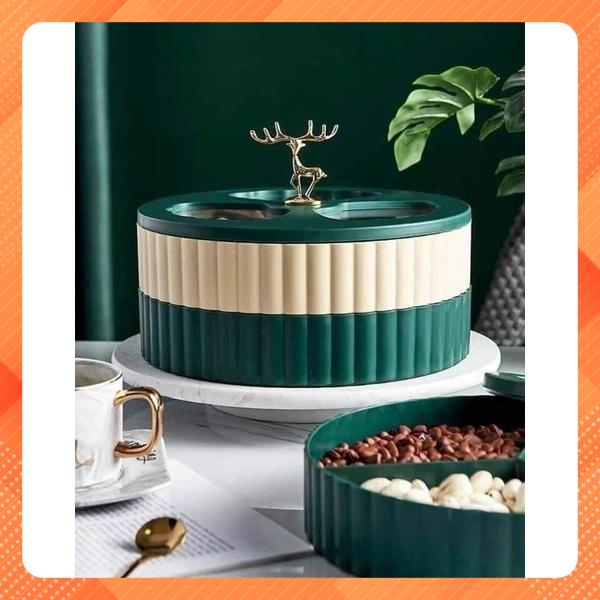 Khay kẹo mứt tết tuần lộc 2 tầng mỗi tầng 3 ngăn