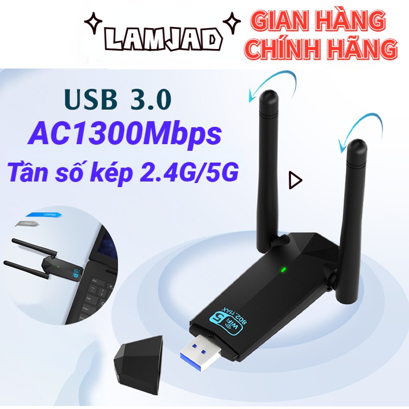 Usb wifi cho pc 2 râu không dây ac1300m băng tần kép 5ghz 2.4ghz 1300mbps bộ thu sóng wifi chuẩn wifi5 802.11 ac b g n