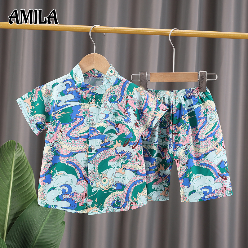 AMILA Summer Children's Cute Dragon Pattern Pajamas Suit Beachwear Printed Shirt ราคา  99 บาท*ส่งฟรี