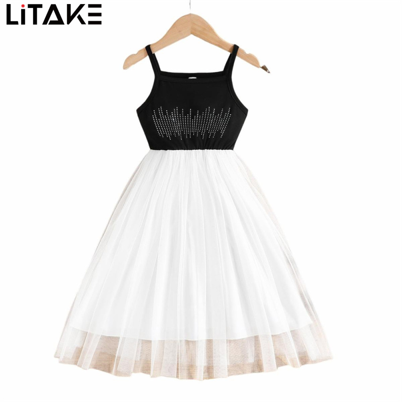 Girl's Square Neck Tulle Dress Sleeveless Contrasting Colors Diamond Tank Dress Soft Comfortable Wear ราคา 212 บาท*ส่งฟรี