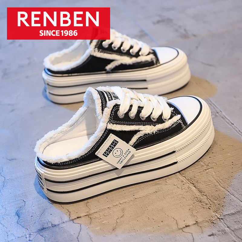 RENBEN Canvas slippers women's summer wear heelless canvas shoes Internet celebrity lazy half drag platform sandals