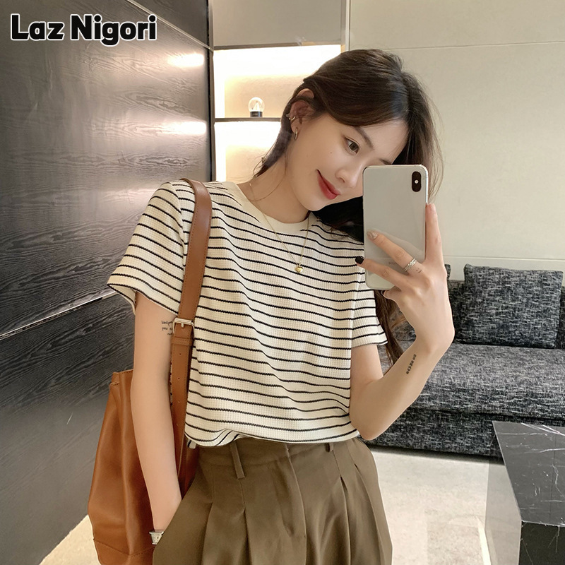 LAZ nigori Retro sọc ngắn tay Áo Thun Nữ denim cổ tròn đáy Áo sơ mi 2024 rộng mùa hè thường ngày áo sinh viên