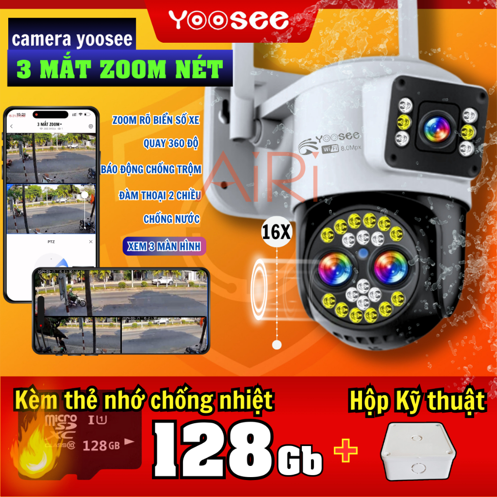 Camera Ngoài Trời YOOSEE 3 MẮT ZOOM 16X | Model 2024 | kèm thẻ nhớ 128Gb | 4K sắc nét, báo trộm nhạy