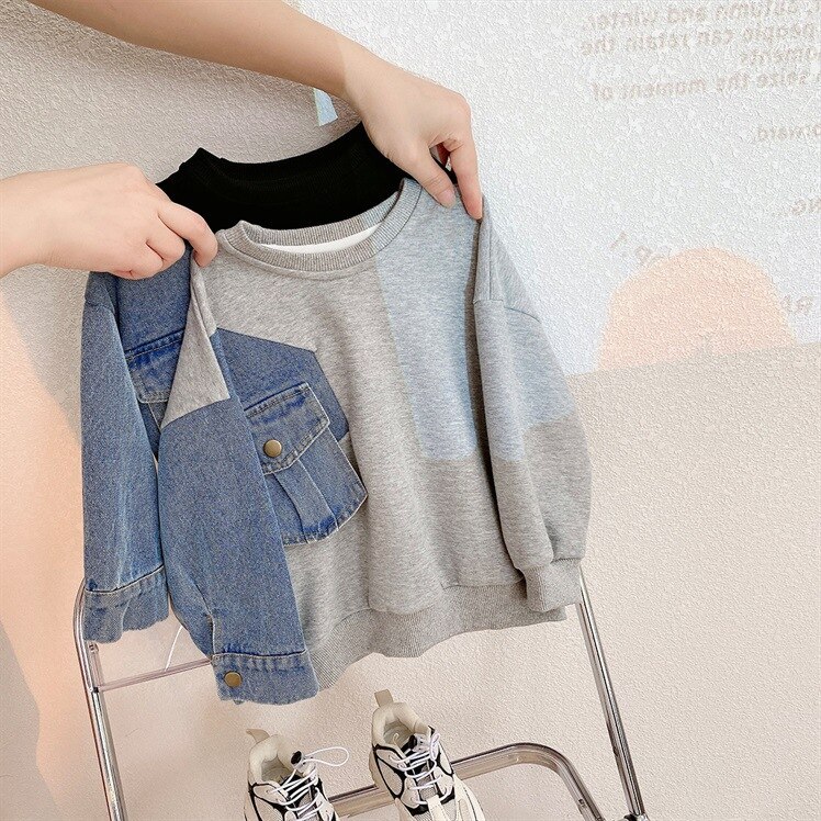 2022 Autumn New Fashion Children Sweatshirt for Kids Boys Baby Long Sleeve Clothes Boy Street Style Denim Patchwork Tops FY09221