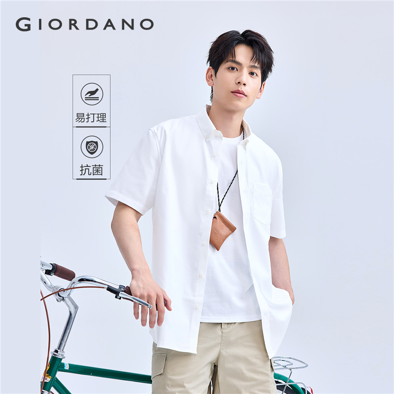 Giordano áo sơ mi nam vải oxford cotton 100% tay ngắn kháng khuẩn dệt thoi 01043289