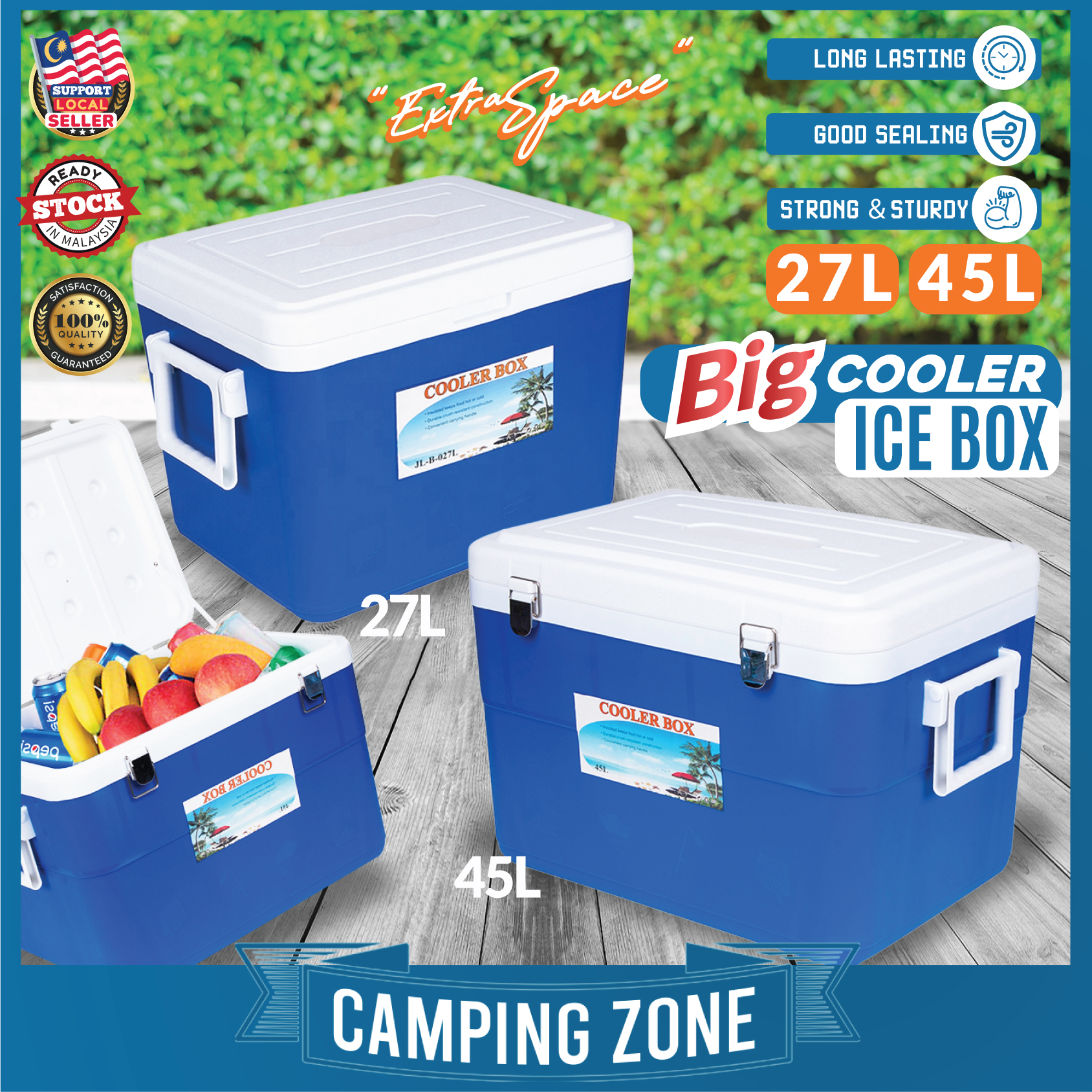 45L Cooler Box with Wheel Roller Portable Outdoor Food Storage Camping Fishing  Ice Coolerbox Kotak Ais Batu Memancing