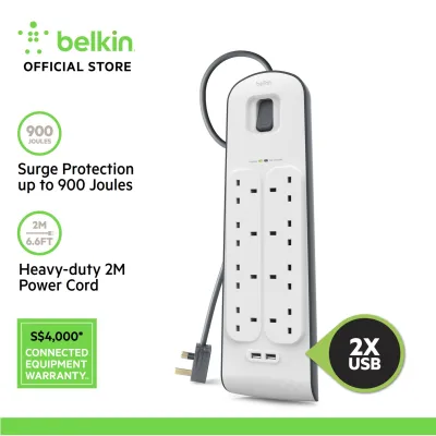 Belkin 8 Outlets 2m Surge Protection Strip with 2 USB Ports