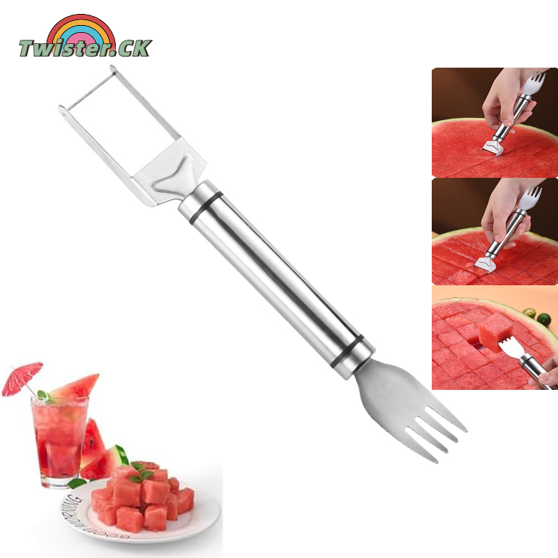 2-in-1 Stainless Steel Fruit Cutter, Watermelon Slicer With Circular Fork Teeth, Handle, Multi Functional Lightweight Rust-proof Fruit Slicer For Outdoor Camping ราคา 40 บาท*ส่งฟรี