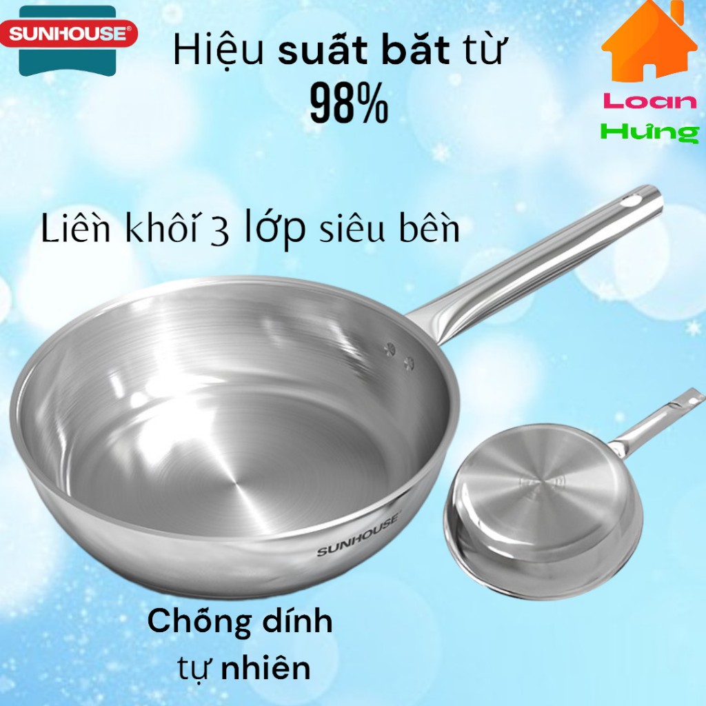  CHẢO INOX 304  ĐA LỚP đáy từ dùng mọi loại bếp chính hãng Sunhouse In20m6-in26m6 