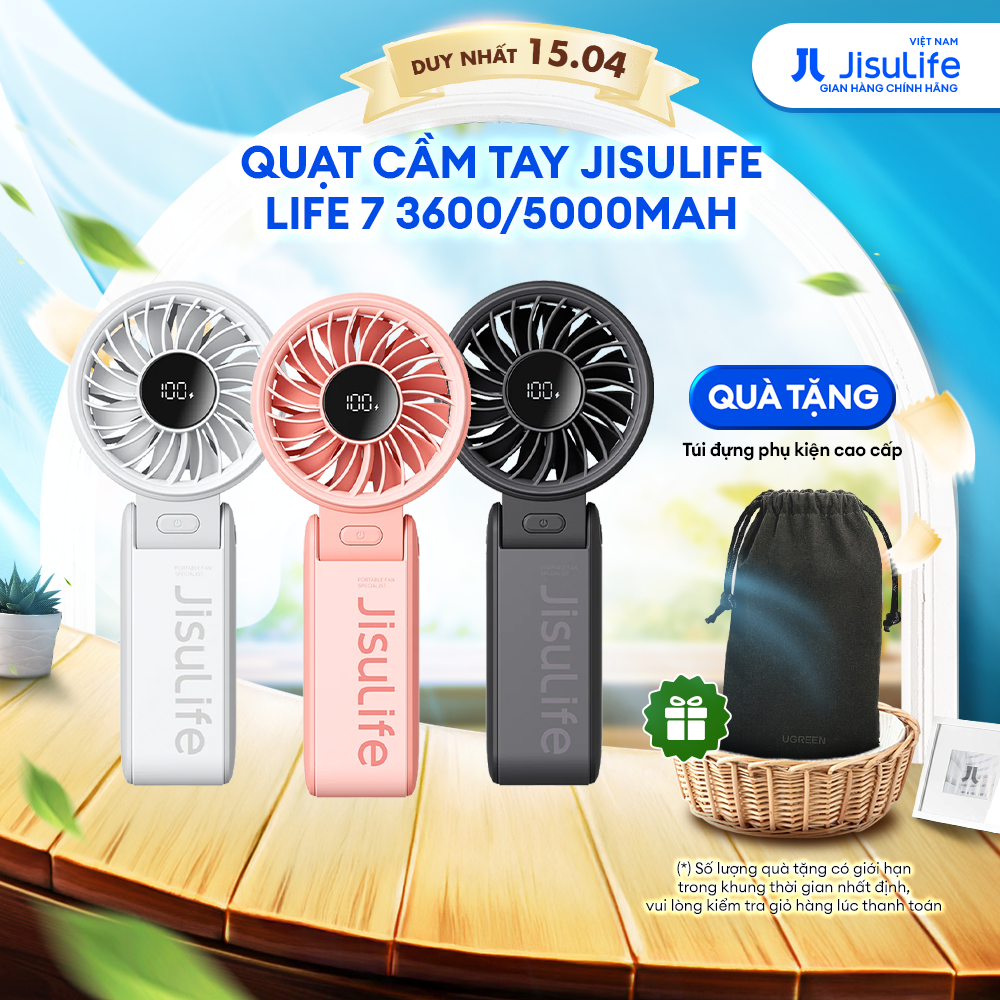 Quạt cầm tay mini Jisulife Life 7 ABS 5 cấp độ gió 3600mAh/5000mAh - Sử dụng liên tục 12h - Chính hãng - Bảo Hành 12 tháng