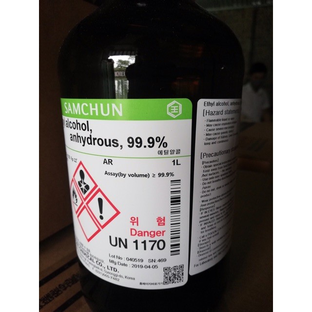 Chất Ethyl alcohol anhydrous 99.9% E1139 Ethanol Samchun Hàn Quốc chai 1 lít C2H5OH