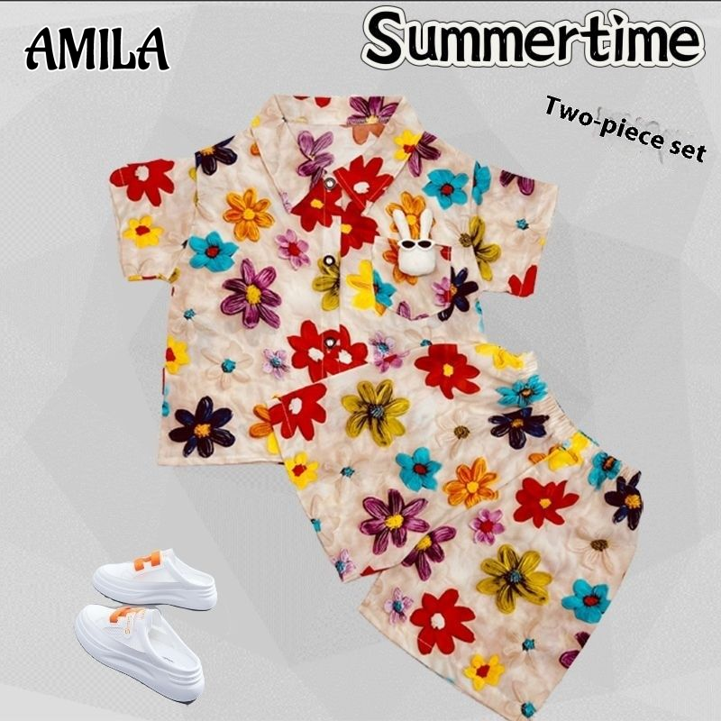 AMILA Floral Print Summer Pajama Set for Kids with Cute Bunny Pocket ราคา 135 บาท*ส่งฟรี