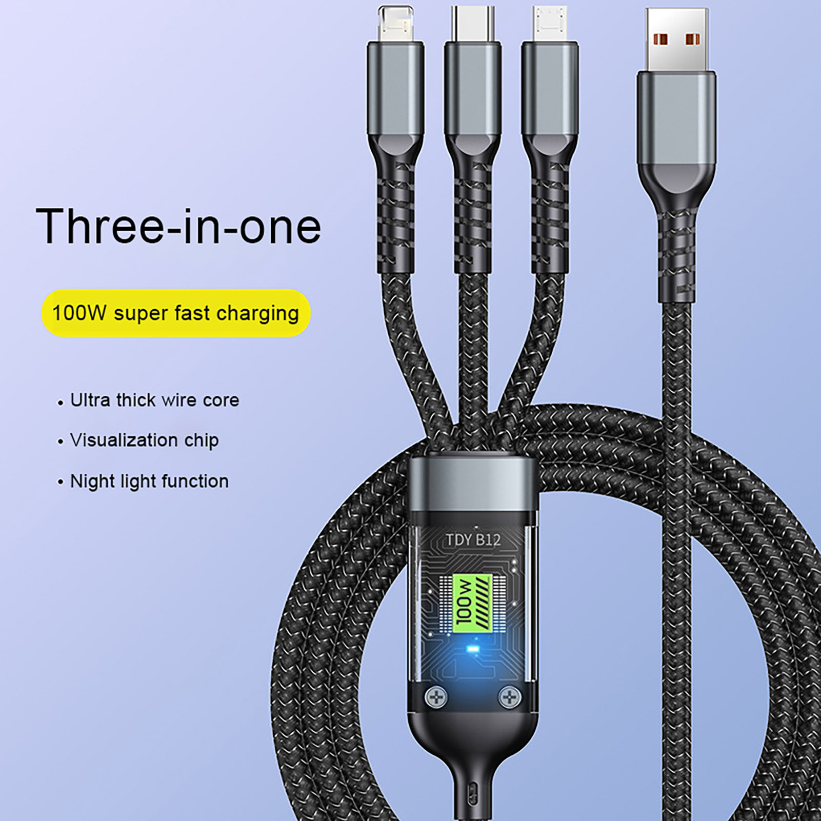 100W Cáp sạc nhanh ba-trong-một sạc cáp 3-in-1 Cáp sạc nhanh với Type-C và đầu kết nối micro USB đa sạc Nylon dây bện cho các thiết bị phổ quát 100W