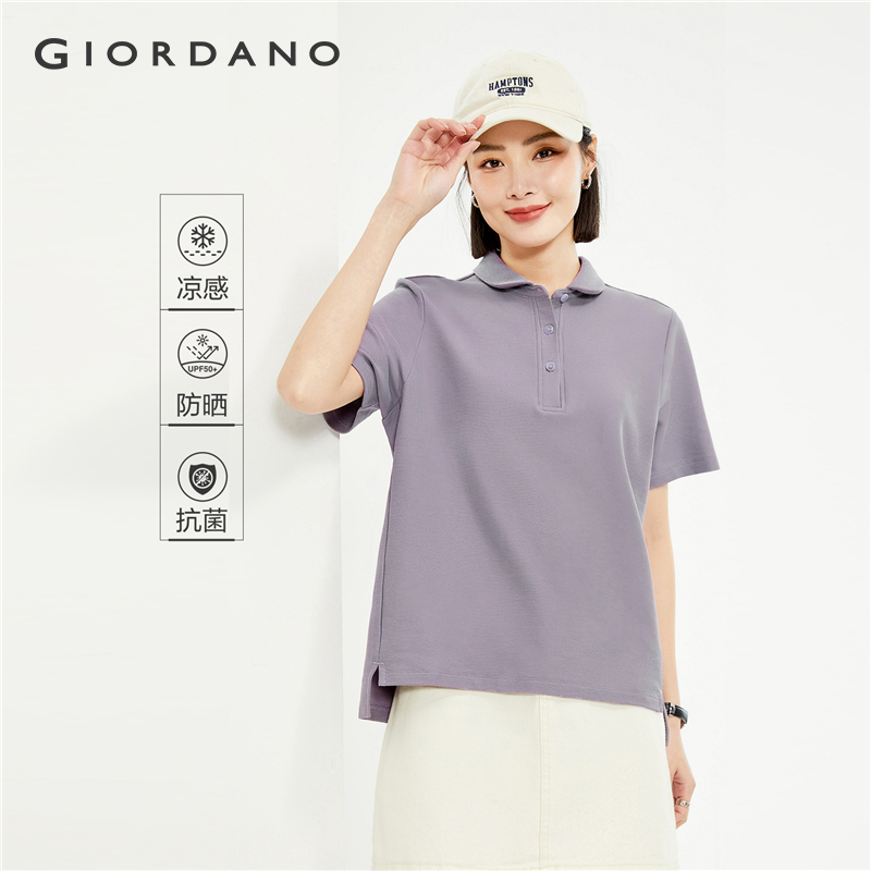 GIORDANO Nữ Áo Sơ Mi Polo Làm Mát Chống Nắng Áo Sơ Mi Polo Tay Ngắn Đơn Giản Thời Trang Dáng Rộng Áo Sơ Mi Polo 13314202