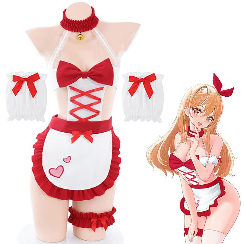 Sweet Anime Maid Cosplay Costume Women Girl Red Bow Tie Open Crotch Bodysuit Apron Outfits Sexy Lingerie Uniform Temptation
