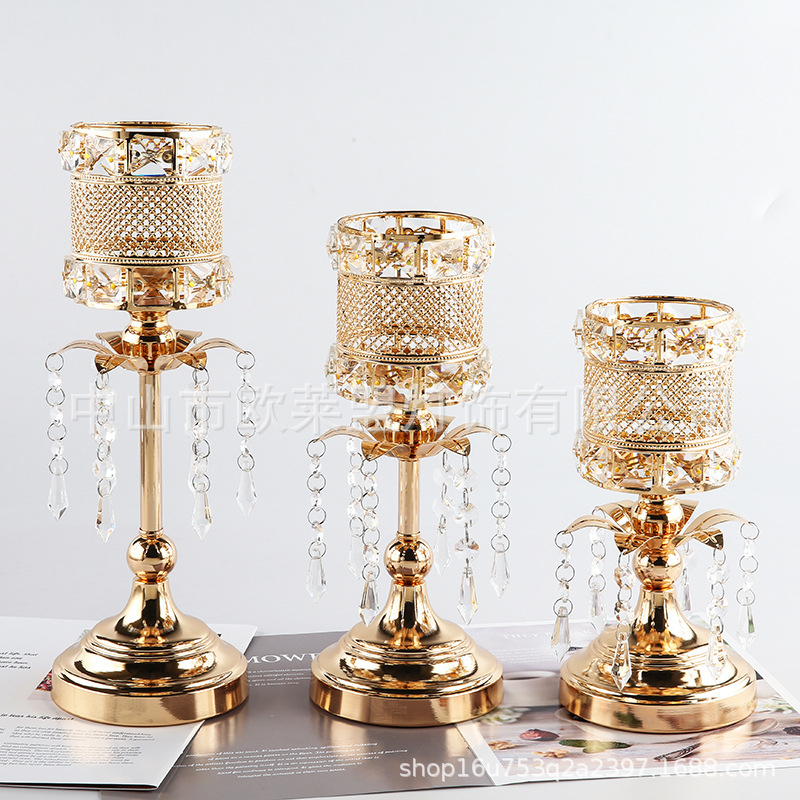 【hadiah Gratis】3 Height Crystal Candle Holder Persegi 33.5cm Tempat Lilin Kristal Gold Premium Home De…
