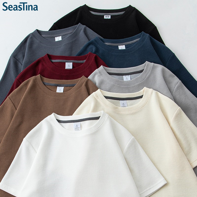SeasTina Unisex Summer Casual Waffle Knit Short Sleeve T-Shirt with Round Neck
