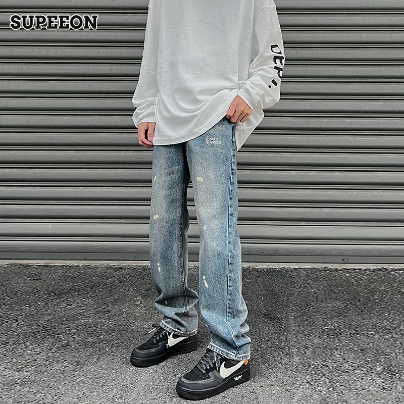 SUPEEON丨Quần tây thường ngày cổ điển giặt quần jean thêu chữ Mỹ cho nam Quần jeans ống đứng dáng rộng quần legging rộng hoàn toàn phù hợp