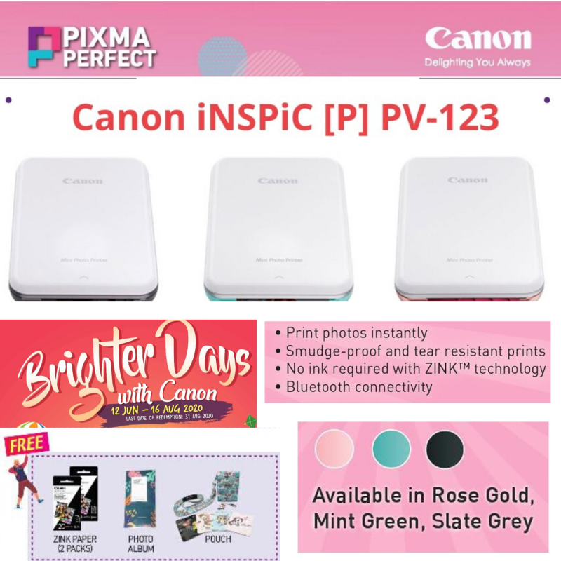 Canon Mini Photo Printer PV 123A, Rose Gold/Mint Green/Slate Grey PV 123 mini Photo Printer Singapore