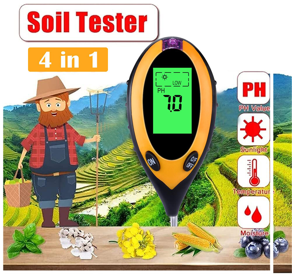 4 trong 1 kỹ thuật số máy đo độ ẩm đất ph meter nhiệt độ độ ánh sáng mặt trời tester dụng cụ làm vườn cho nhà máy