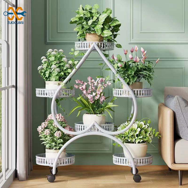 ZUOGUAN Heart-Shaped Flower Stand Iron Multi-Layer Indoor Movable Balcony Living Room Scindapsus Basin Frame Space Saving Floor Flower Rack