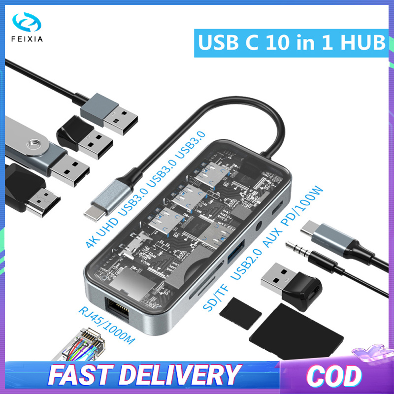 10 Trong 1 USB C Hub Với Bộ chuyển đổi Ethernet 4K 30Hz HD giao diện đa phương tiện VGA USB C USB 3.0 USB 2.0 SD đầu đọc thẻ TF 3.5Mm giắc âm thanh Expander Multiport USB C Splitter