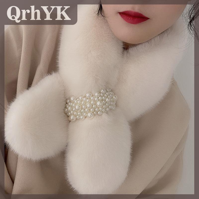QrhYK Mùa Đông Ấm Dày Chữ Thập Khăn Quàng Thanh Lịch Ngọc Trai Khăn Rắn Màu Khăn Choàng Khăn Cho Phụ Nữ Cô Gái Đa Năng Thời Trang Mềm Khăn Quà Tặng