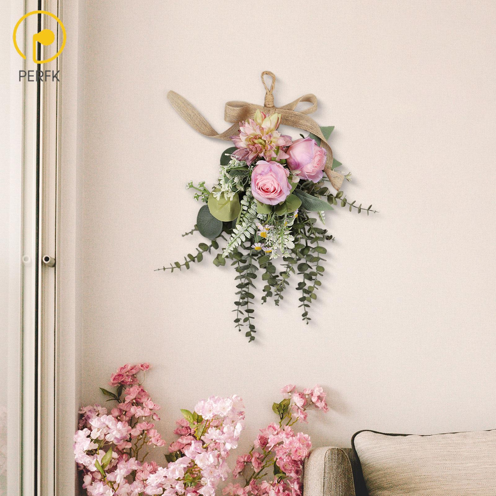 Perfk Artificial Floral Swag Eucalyptus Chrysanthemum Wreath Hanger Home Decoration 40 cm for Fence Wedding Housewarming Wall Gift ราคา 202 บาท*ส่งฟรี
