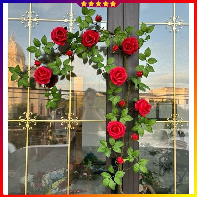 Dây giả -  Dây Hoa Hồng Leo Pháp cao cấp bông to siêu đẹp- Dây hoa giả cao cấp 1m7, Decor Trang Trí Tường Nhà, Quán Cafe