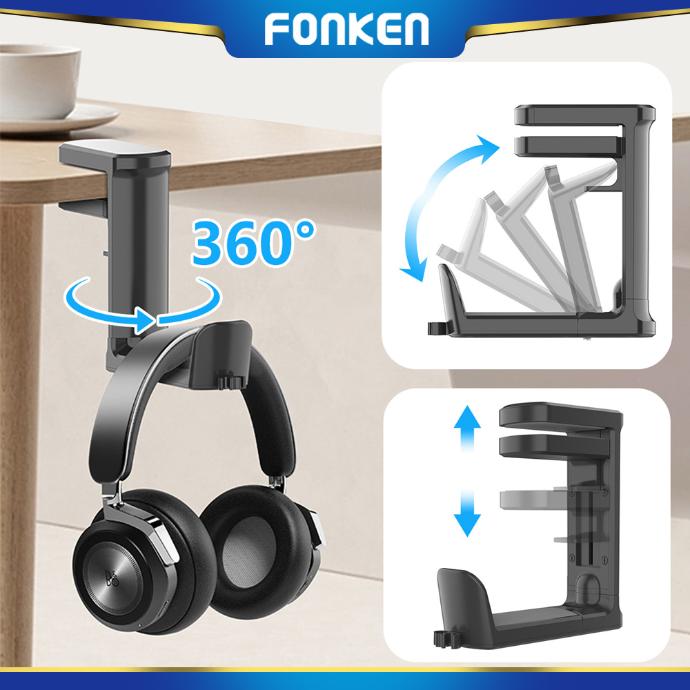 FONKEN Desktop Headset Holder Drilling Free Under Desk Headset Rack Support 360 Rotating Gaming Headset Desk Hanger Hook Adjustable ราคา 175 บาท*ส่งฟรี