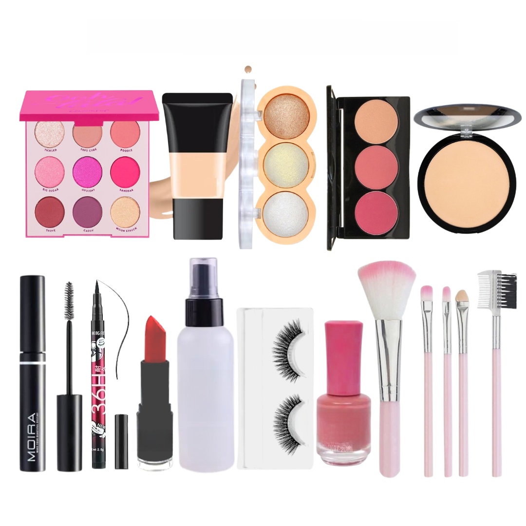 Deal Of Foundation 12 Makeup + Eyeshadow + Fixer + Lipstick + Highlighter + Blush on