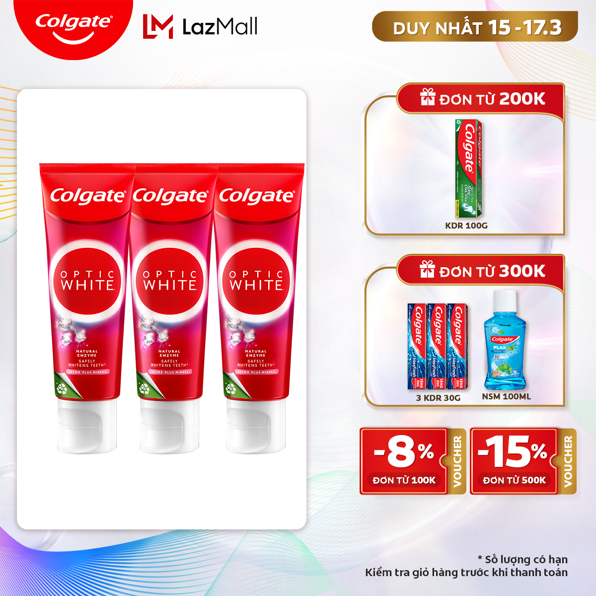 [Chỉ 15 - 17.3_Áp Voucher giảm thêm đến 15% ]Bộ 3 Kem Đánh Răng Colgate trắng răng Optic White hương