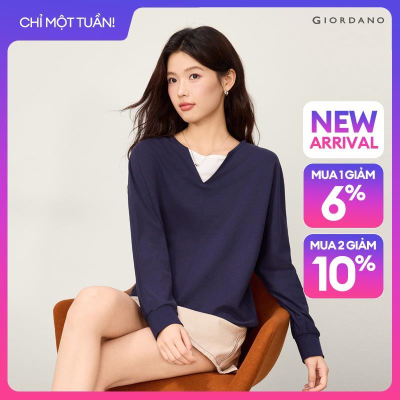 GIORDANO Women Sweatshirts Fake Two-Piece Cotton Sweatshirts Dolman Sleeve Fashionable Casual Relaxed Sweatshirts 13326645