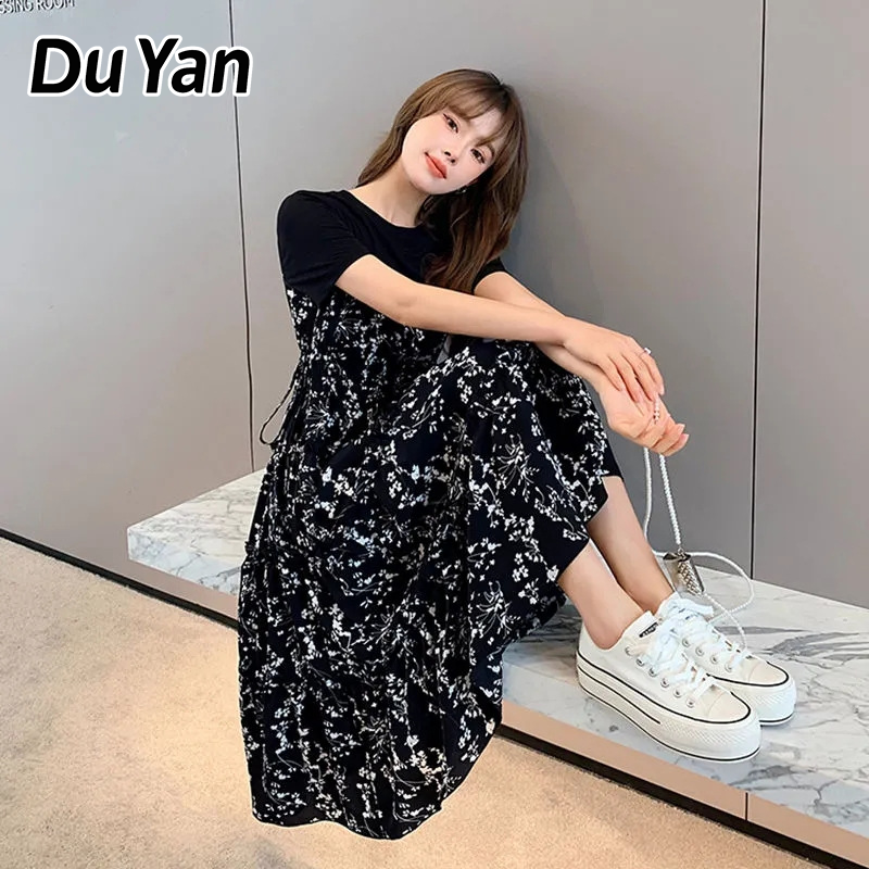 Du Yan MIUfashion Fake two-piece floral stitching contrasting color dress mid-length summer versatile Korean style short-sleeved sweet new skirt for women ราคา 148 บาท*ส่งฟรี