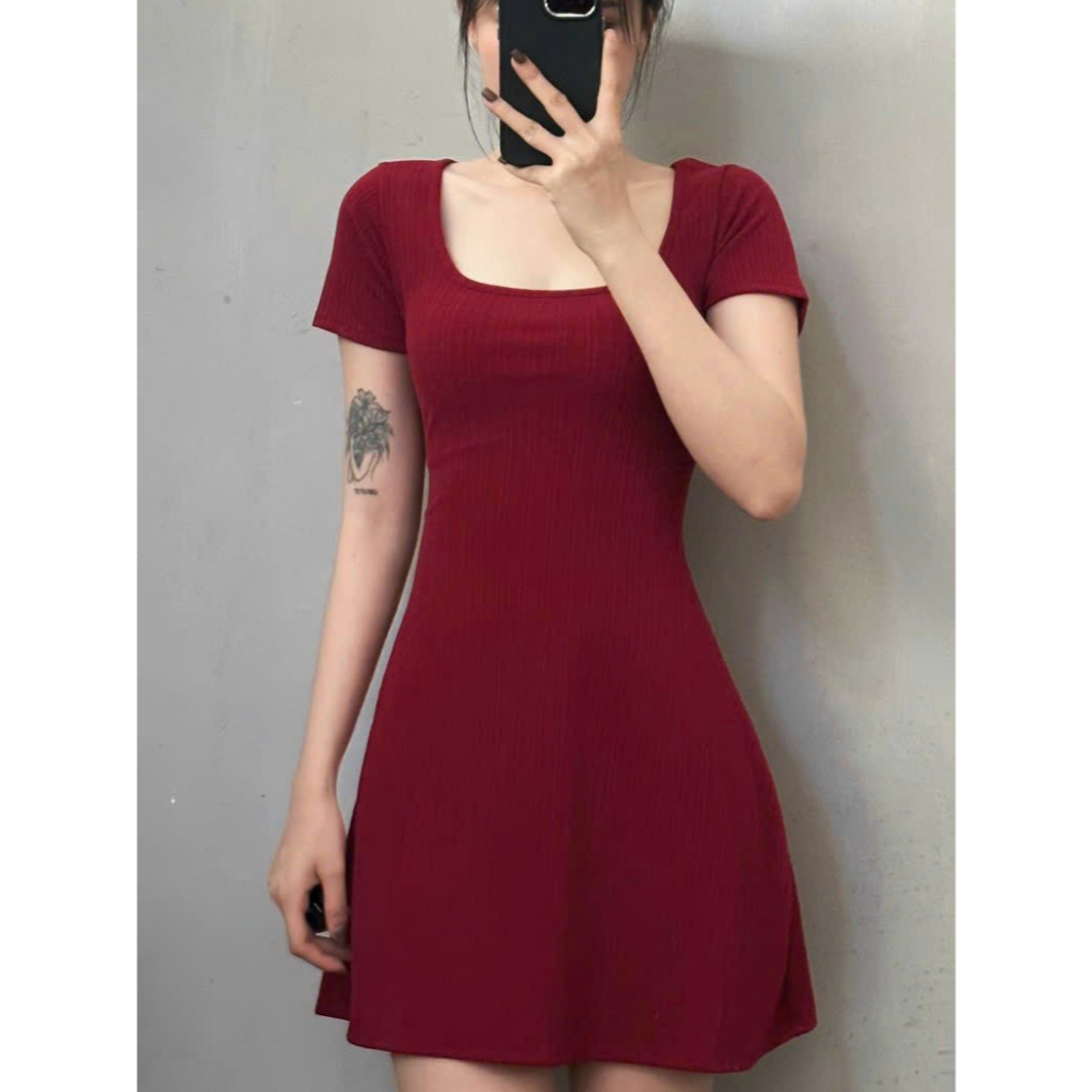 Đầm cổ vuông noel màu đỏ, váy giáng sinh và tết dễ thương có size