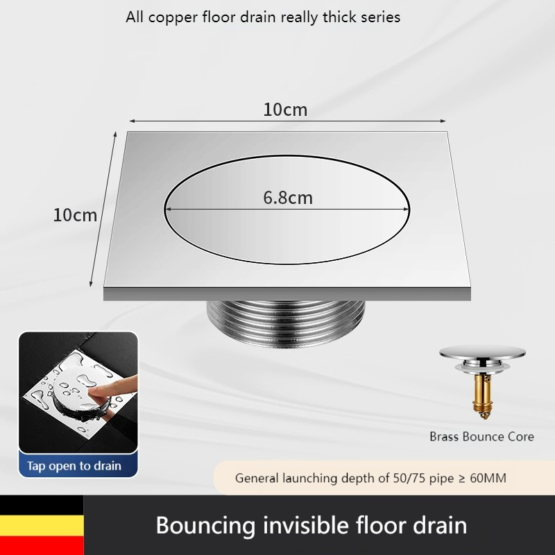 Light Luxury 10X10CM Household All-copper Bouncing Floor Drain Toilet Shower Room Bathtub Press Foot Pedal Anti-odor Invisible Floor Drain ราคา 603 บาท*ส่งฟรี