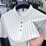 VASIBAEN Mùa hè thời trang Lụa băng polo Áo sơ mi cho nam giới, giản dị Ngắn Tay Kẻ Sọc Top