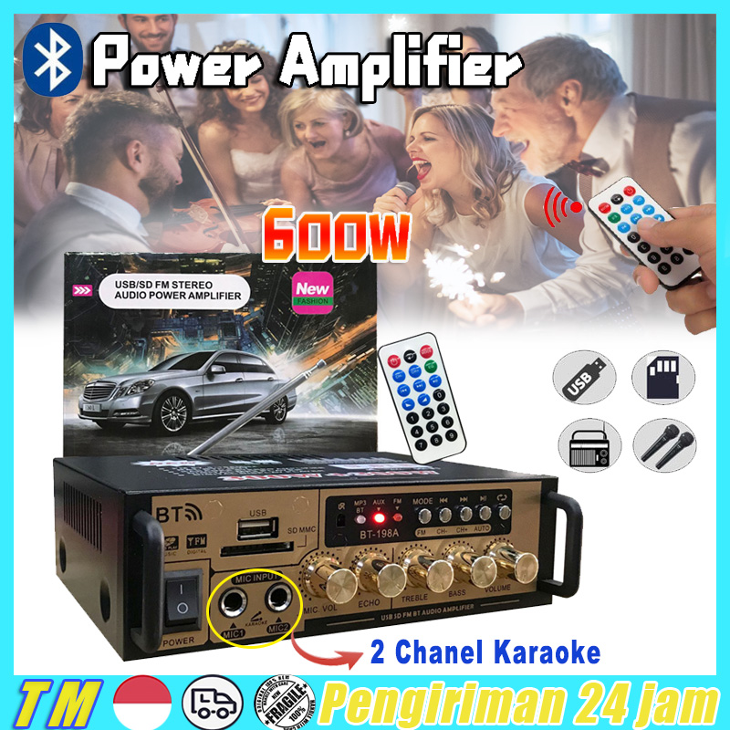 600W 2 channel power amplifier wireless karaoke BT-198A amplifier audio stereo Bluetooth amp FM USB SD amplifier karaoke Wireless Amplifier Bluetooth amplifier fleco super bass amplifier Mobil Harga 163,000 rupiah*Gratis Ongkir