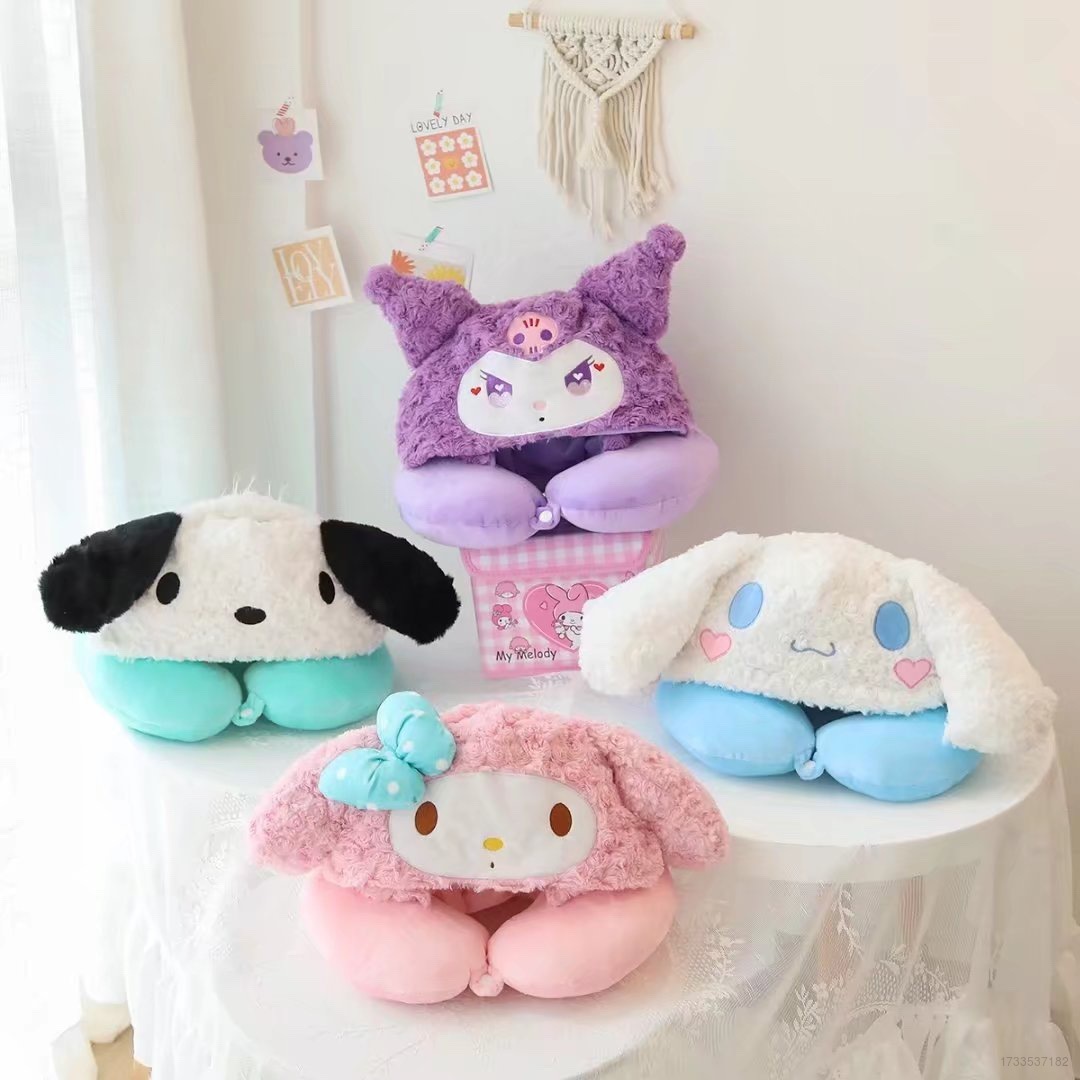 AM SANRIO Gối Kê Cổ Hình Chữ U Có Mũ Trùm Đầu Hình Kuromi Melody Cinnamoroll Pochacco Air MA