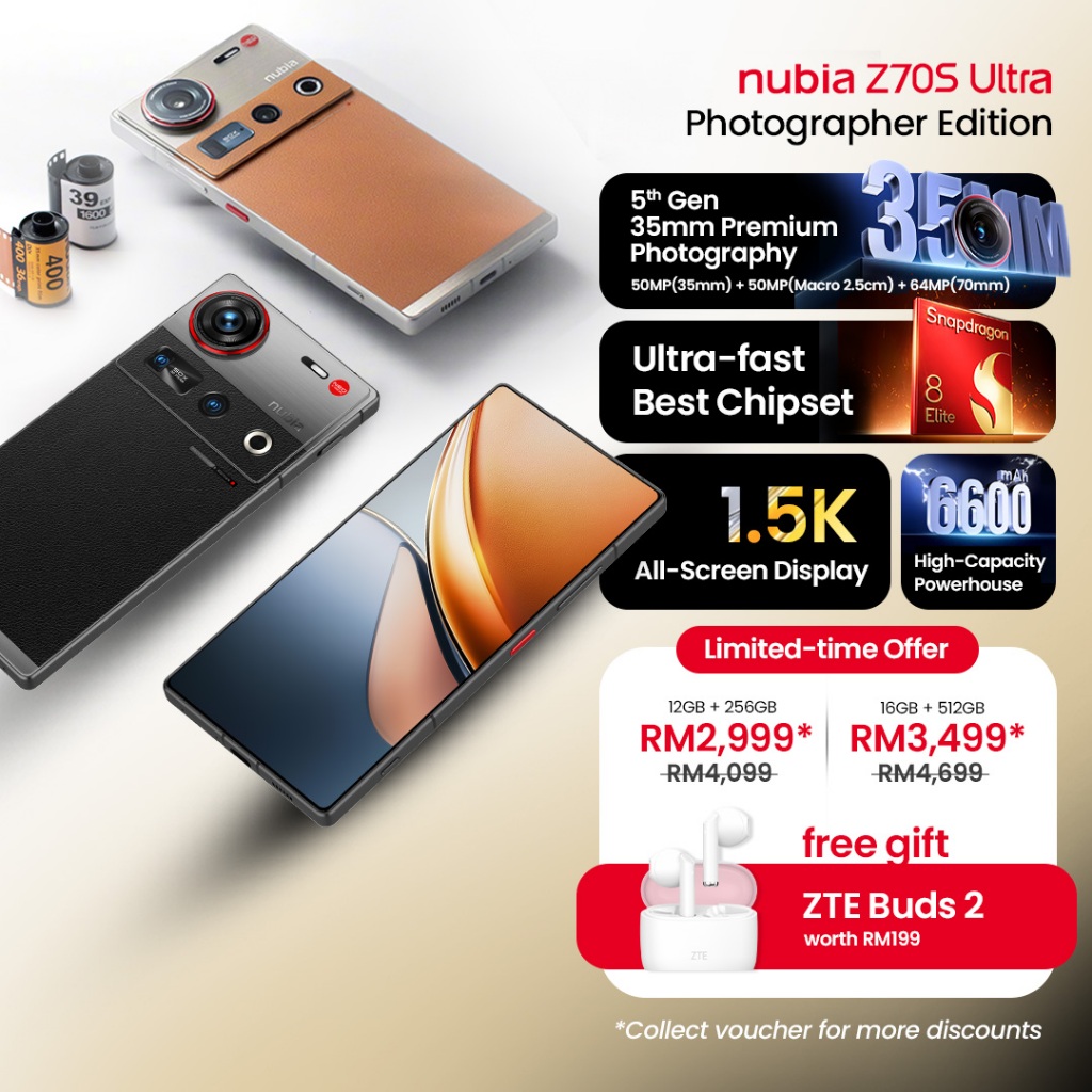 [Hot] nubia Z70S Ultra Photographer Edt. | Superior 35mm | Independent Camera Buttons | AI-Powered | IP68 & IP69 | NFC Harga 4,699 Ringgit*Penghantaran Percuma
